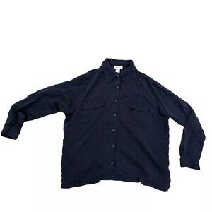 Vintage AVENUE 100% Silk Button Shirt Womens 14/16 Blouse Top Black Pockets​​​